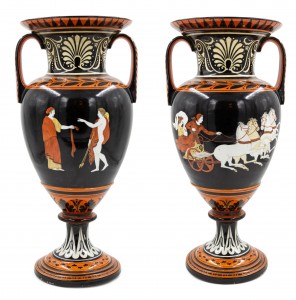 Pair of grecian style black and orange porcelain vases 1
