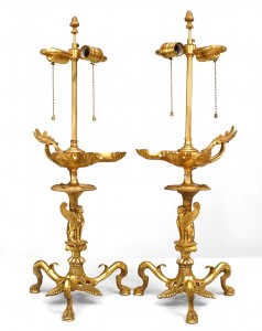 English regency gilt bronze sphinx table lamps 1