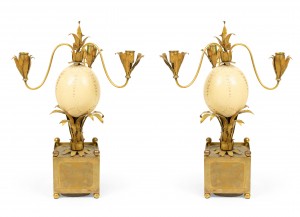 French mid century brass palm and ostrich egg candelabras