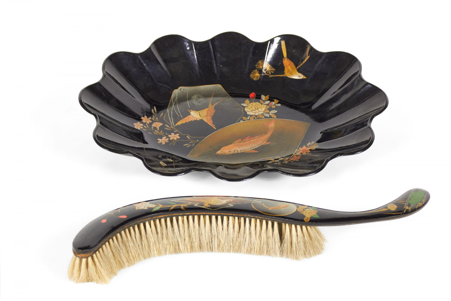 English victorian black lacquered tray and brush