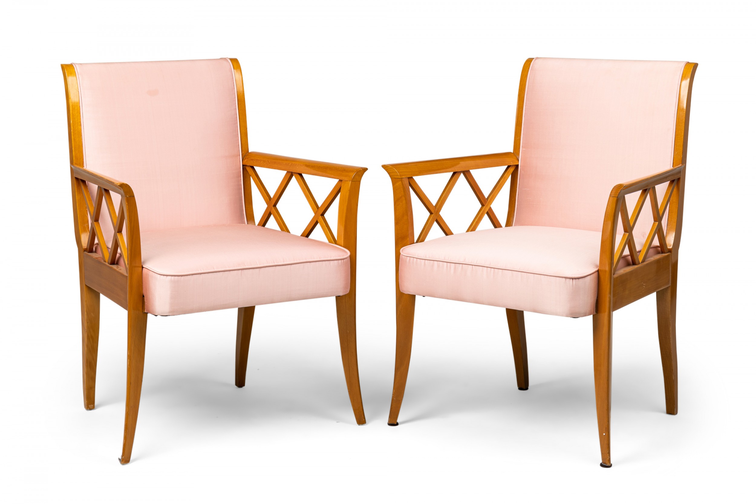 French maple lattice pink upholstered arm chairs 1