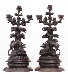 Rustic black forest carved walnut candelabras 1