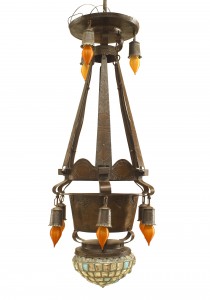 Continental arts crafts hammered metal and slag glass chandelier