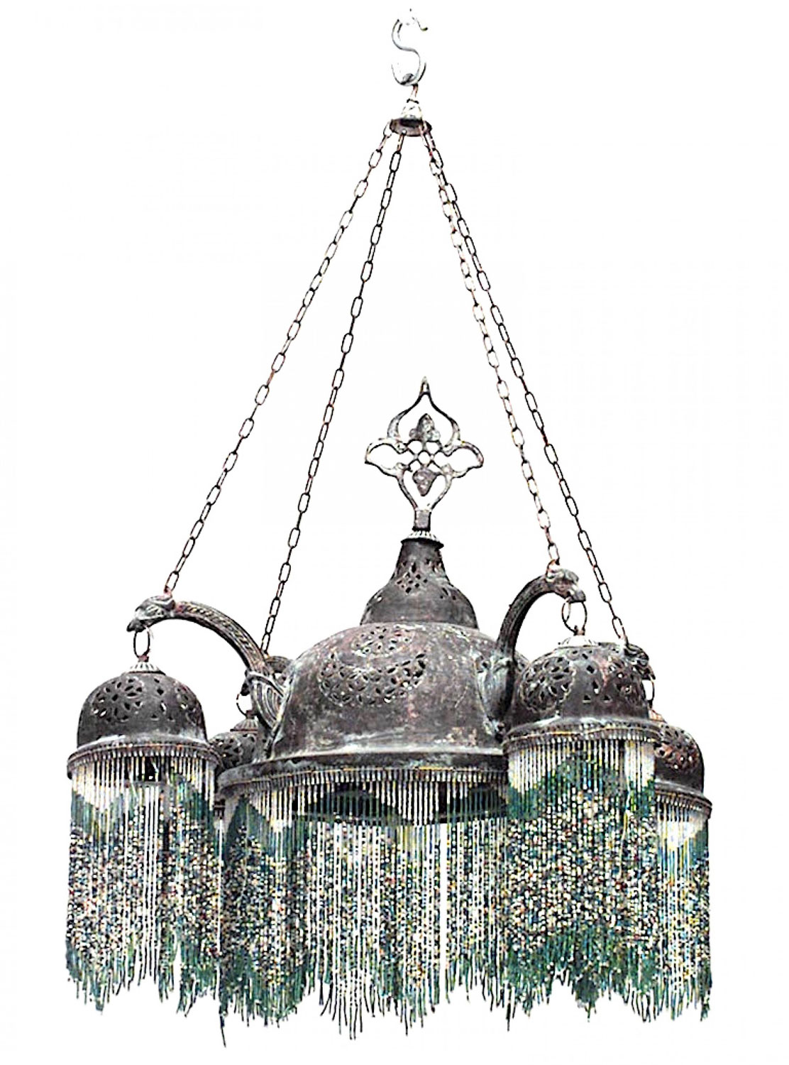 Moorish style patinated brass and green glass bead chandelier
