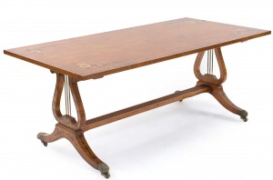 English hepplewhite satinwood lyre coffee table