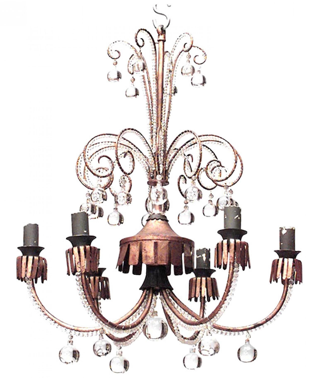 French mid century metal and crystal bead chandelier
