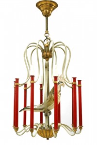 French Mid Century Metal and Murano Glass Bird Chandelier