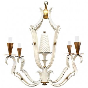 French mid century white painted metal and brass chandelier 1