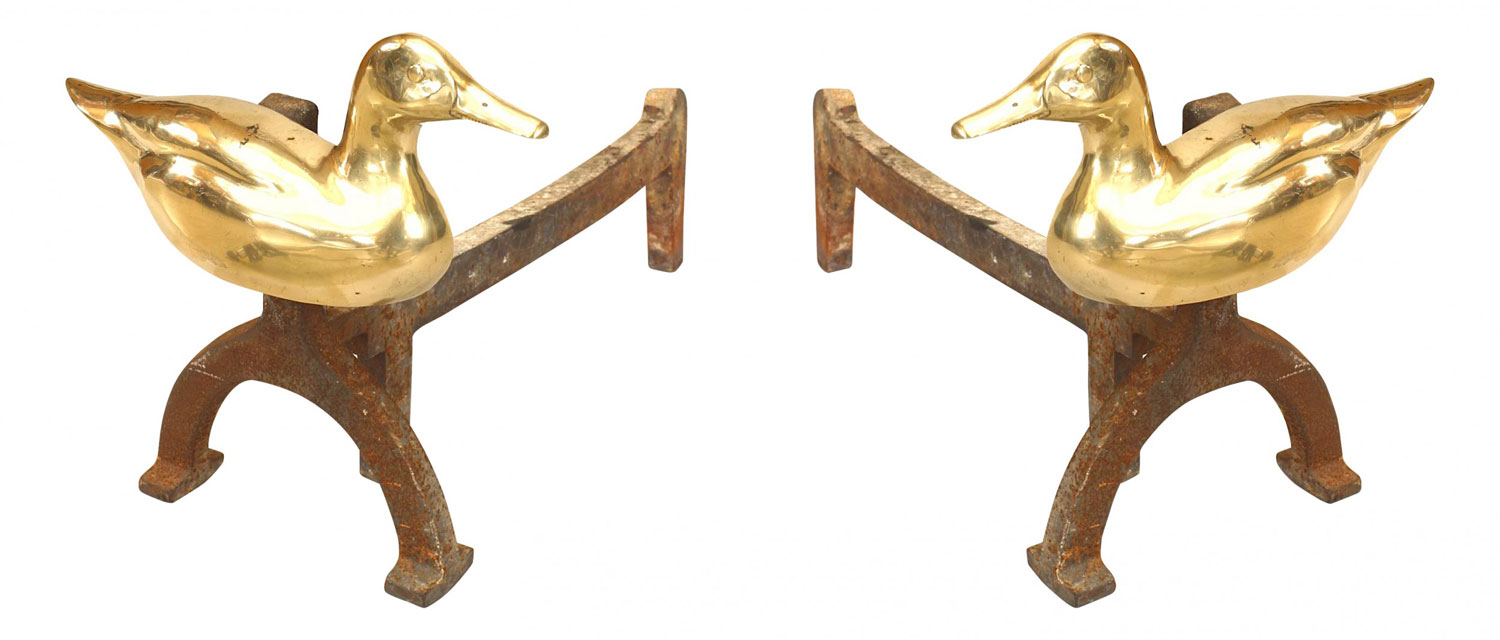 Pair of adirondack brass duck andirons 1