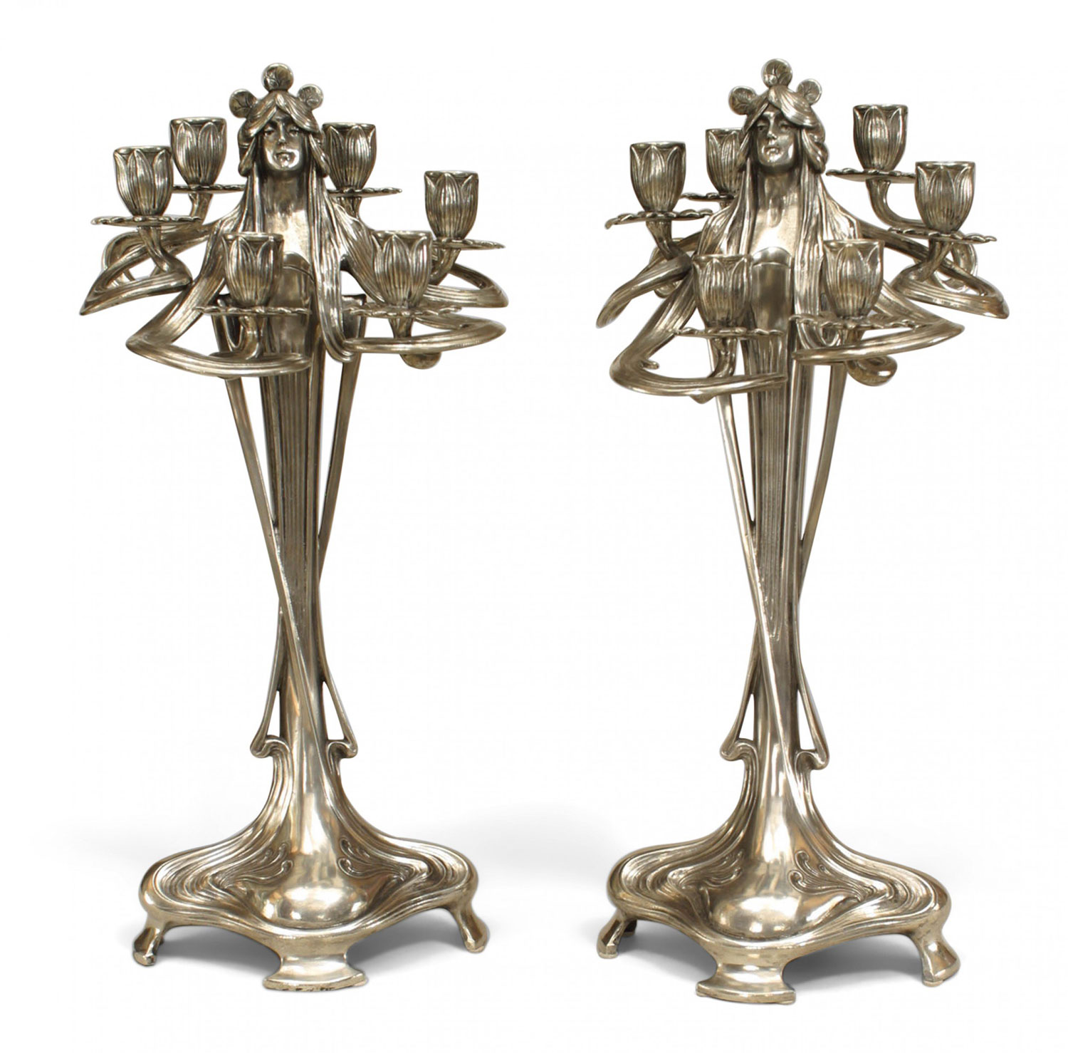 Art nouveau silvered pewter figural candelabras