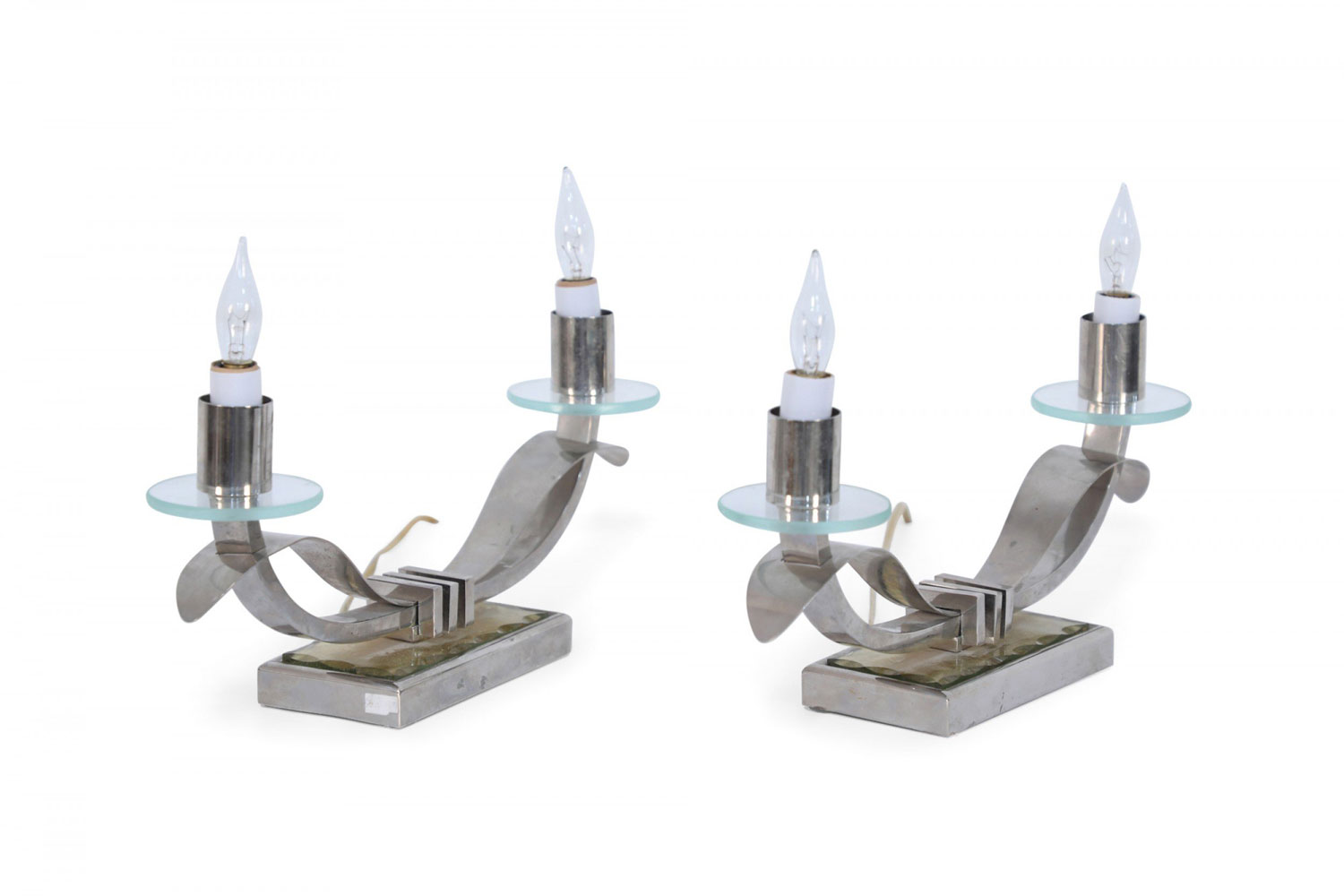 French art deco nickel plate candelabra table lamps