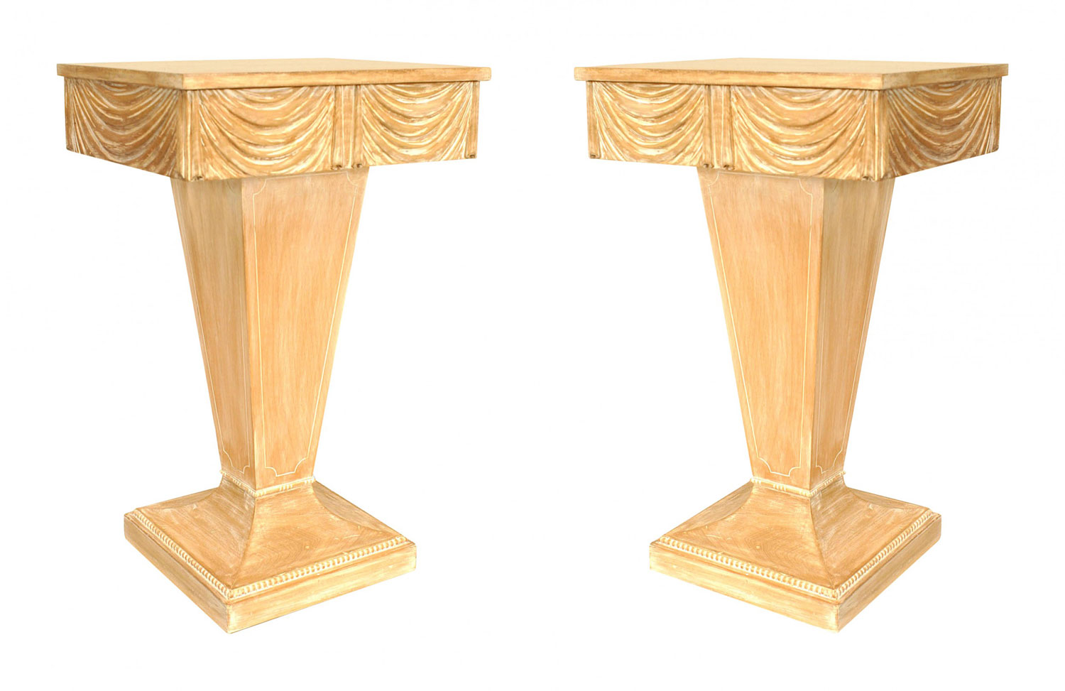 Art moderne carved stripped end tables