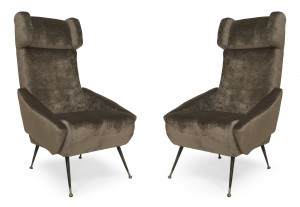 Italian grey velvet wing arm chairs 1