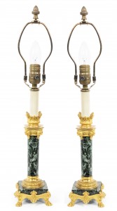 French empire green marble barbedienne table lamps