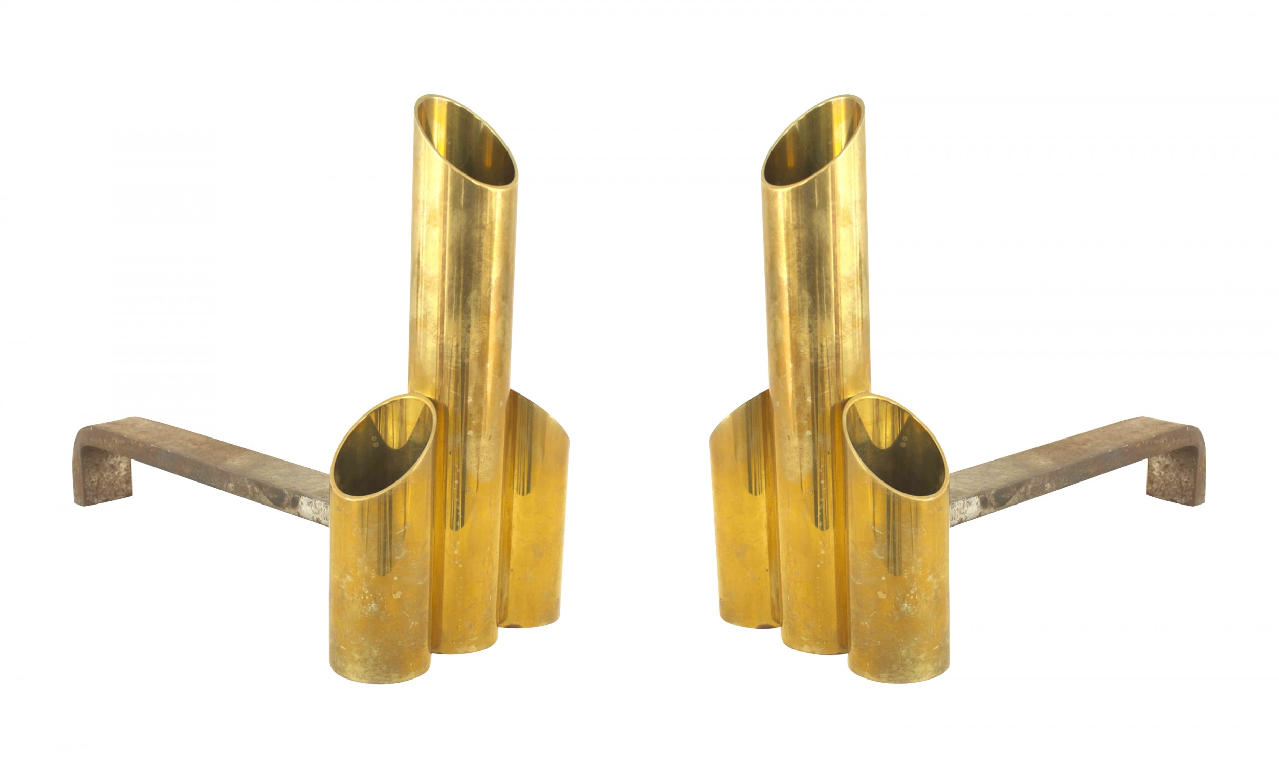 Pair of post war brass cylinder andirons 1