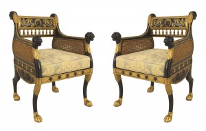 English regency ebonized bergere arm chairs