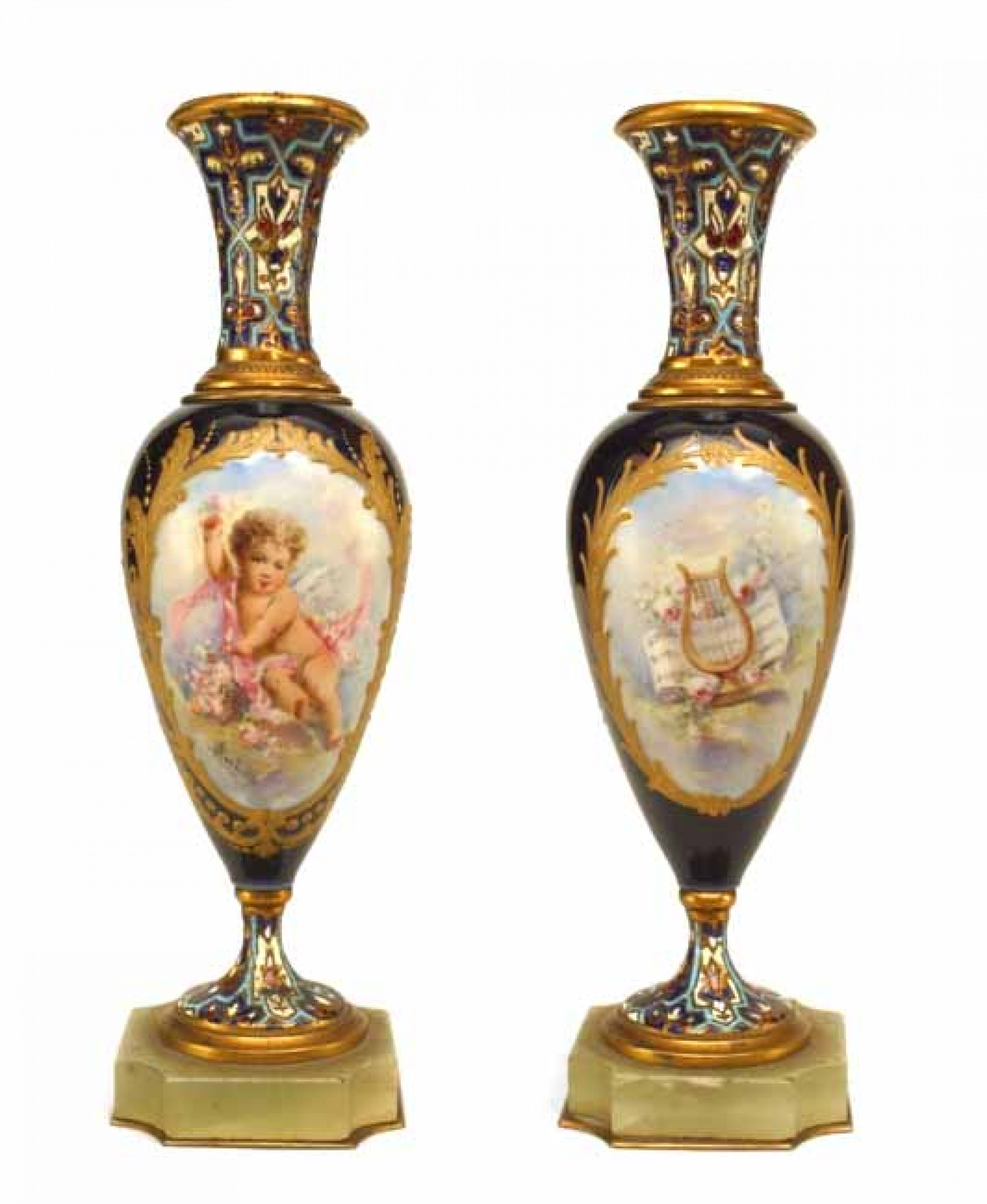 Pair of french victorian blue sevre porcelain vases