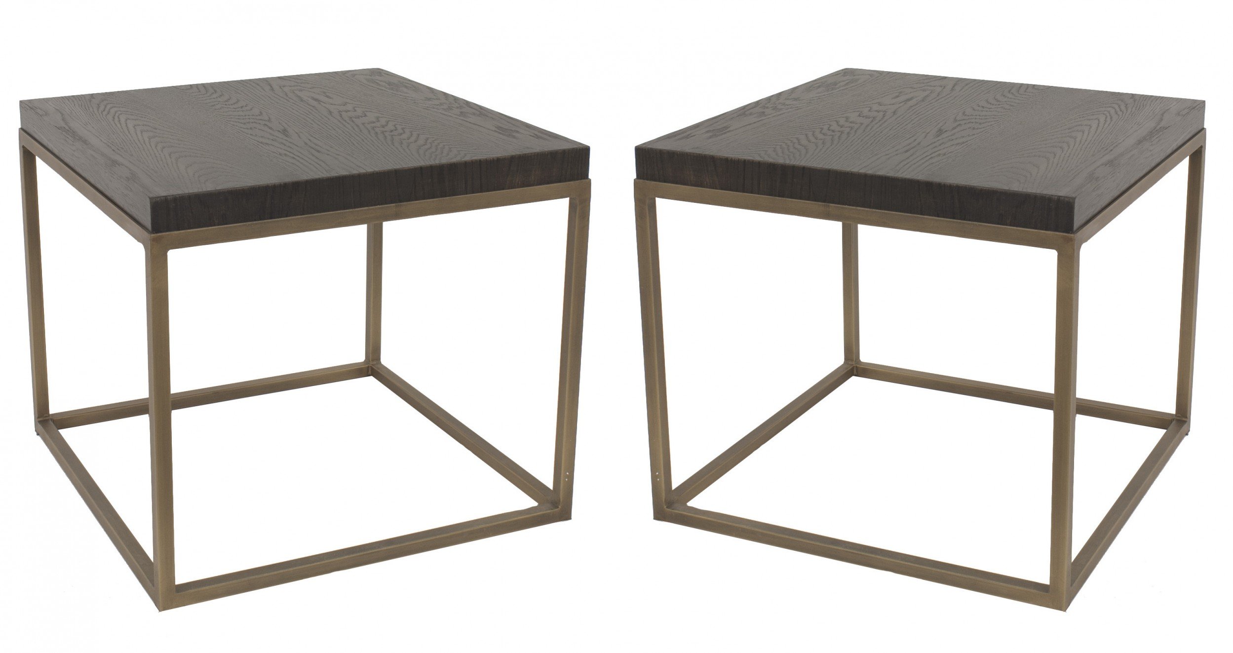 Contemporary oak and brass end tables
