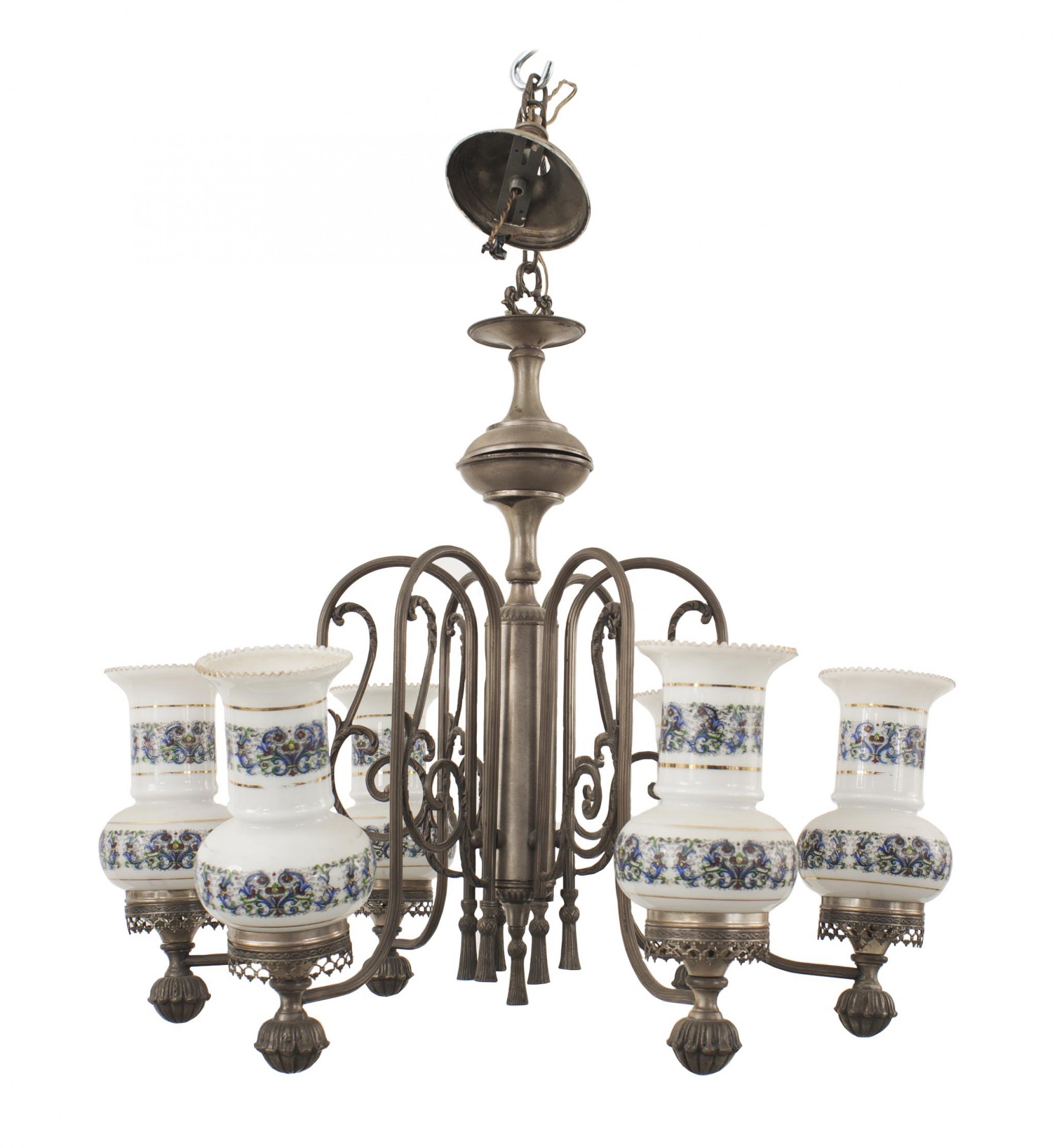 English victorian style pewter chandelier with hurricane shades