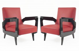 French mid century red leather arm chairs
