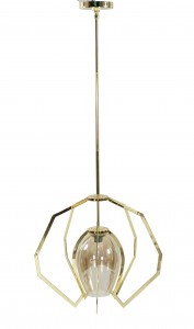 Modernist Style Brass and Amber Glass Pendant Lamps