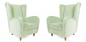 Pair of Modernist Wingback Mint Green Velvet Armchairs