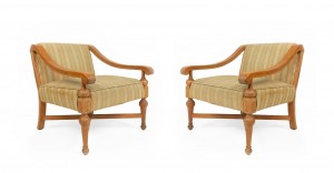 American mid century sycamore upholstered arm chairs