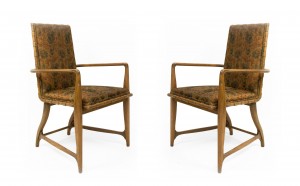 Mid century mapleand floral upholstered studio arm chairs