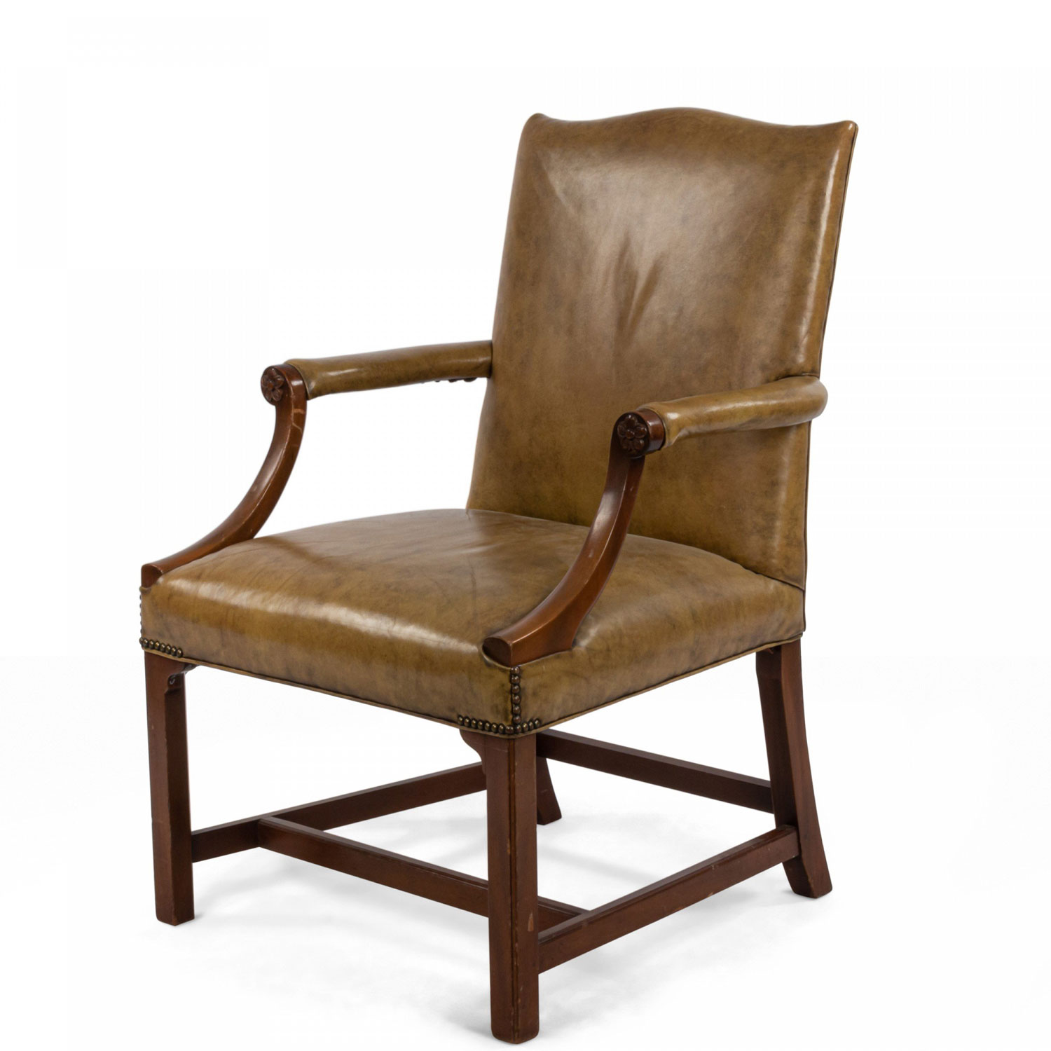 Mission style tan leather arm chair with brass rivets