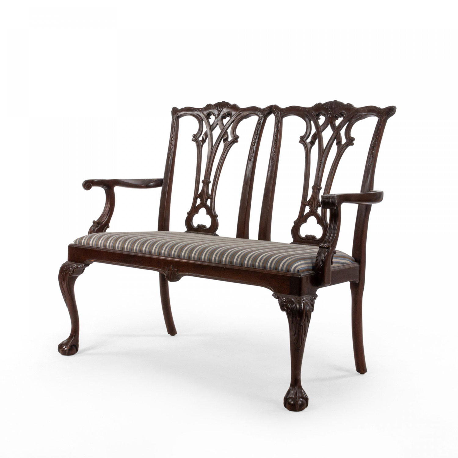 Chippendale style mahogany loveseat with striped upholstery