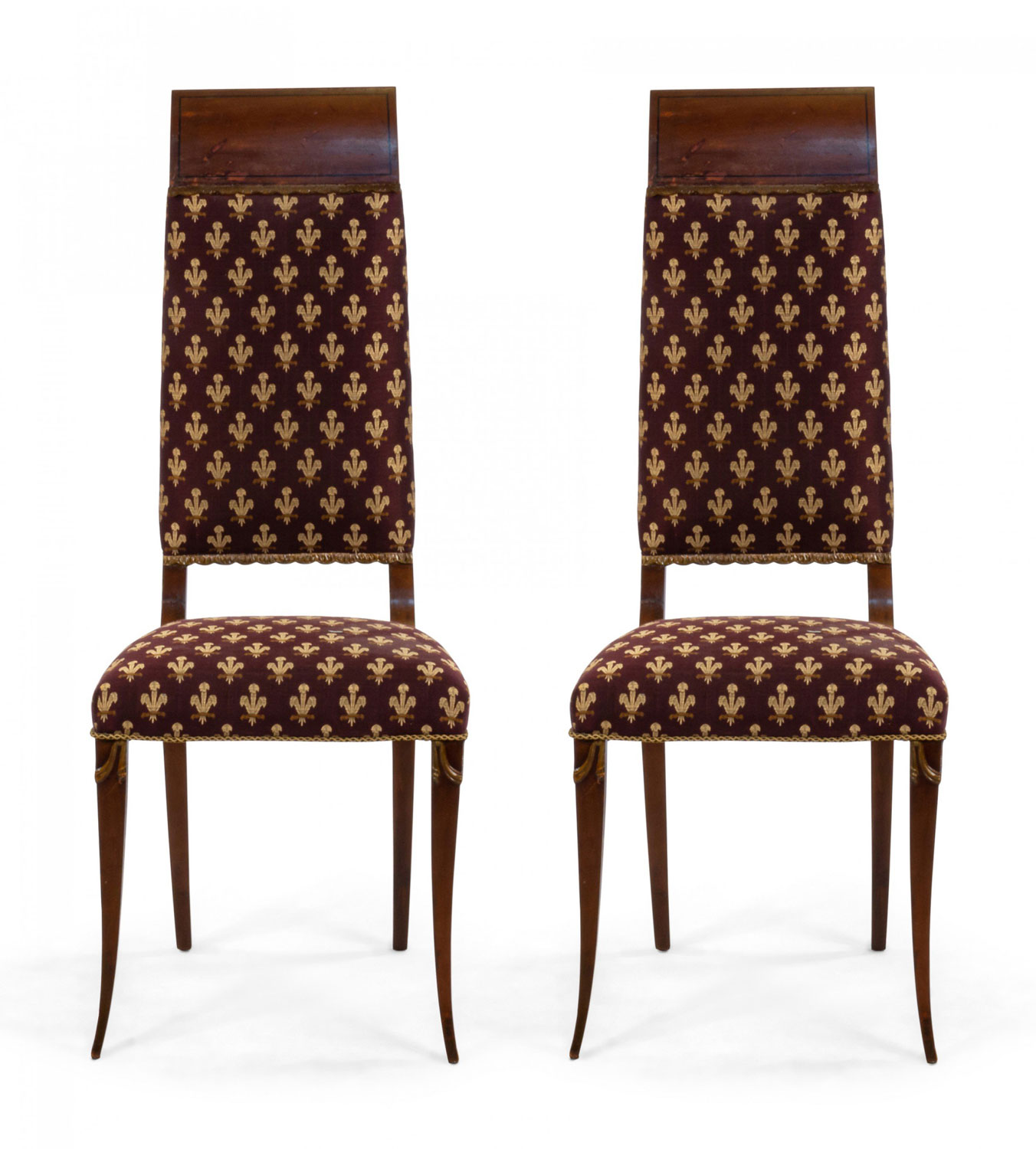 Pair of high back dining chairs with maroon fleur de lys upholstery