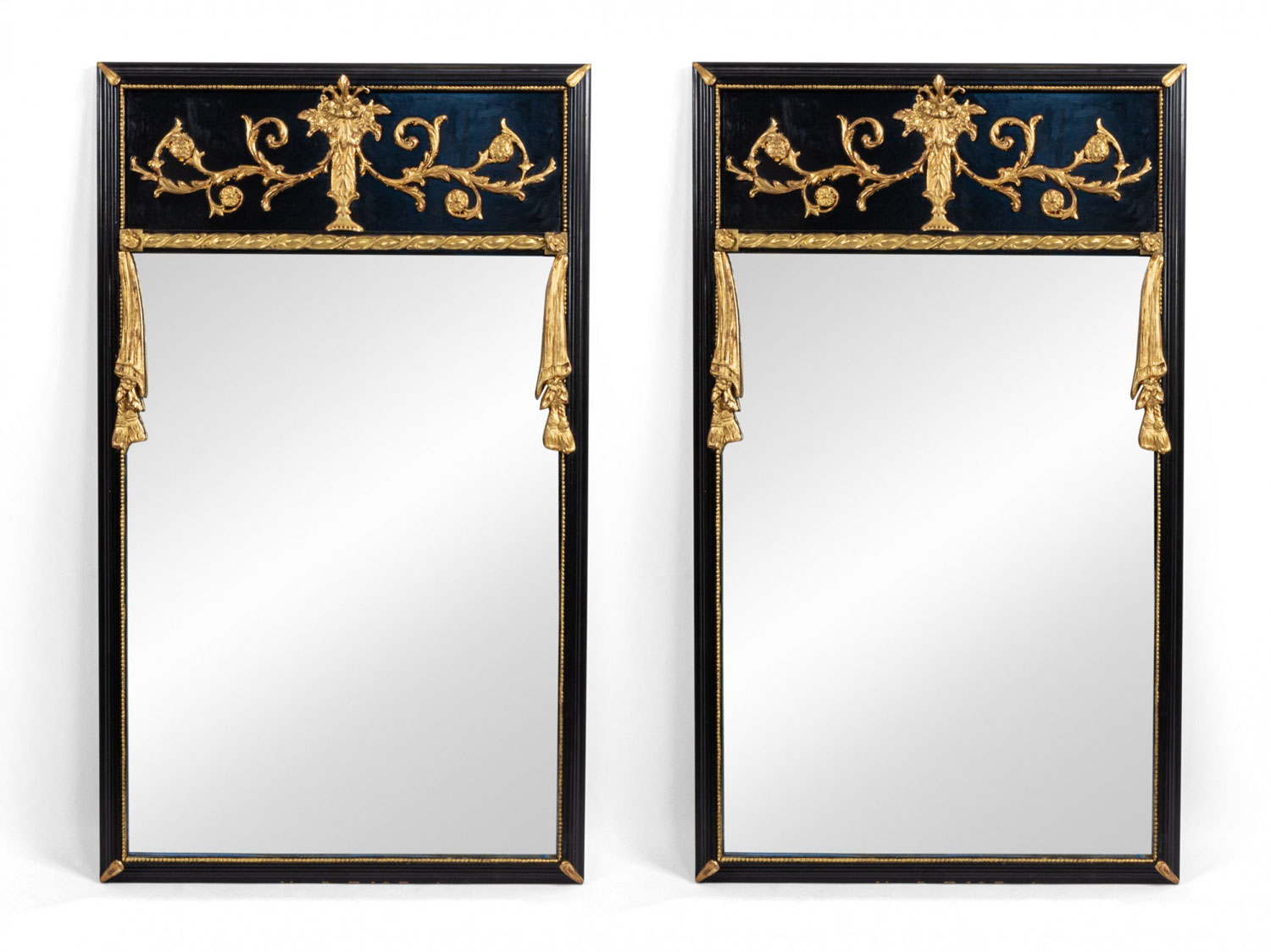 Two rectangular black lacquered mirrors with gold accents