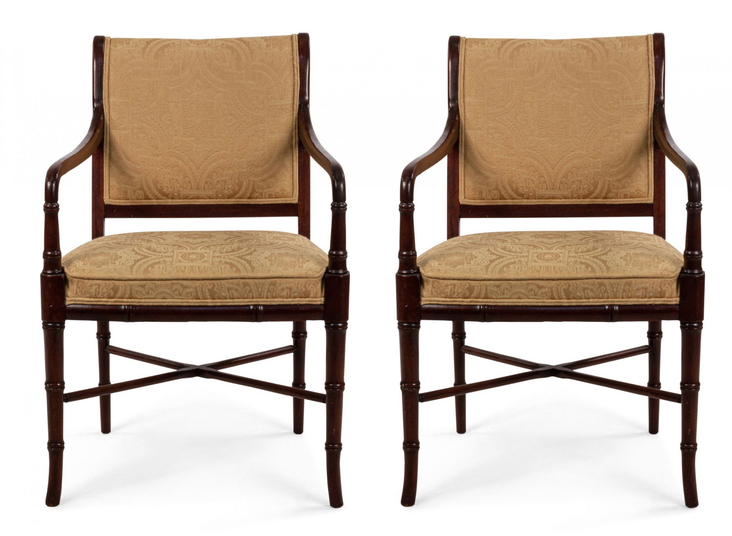 Set of 6 yellow damask mahogany arm chairs