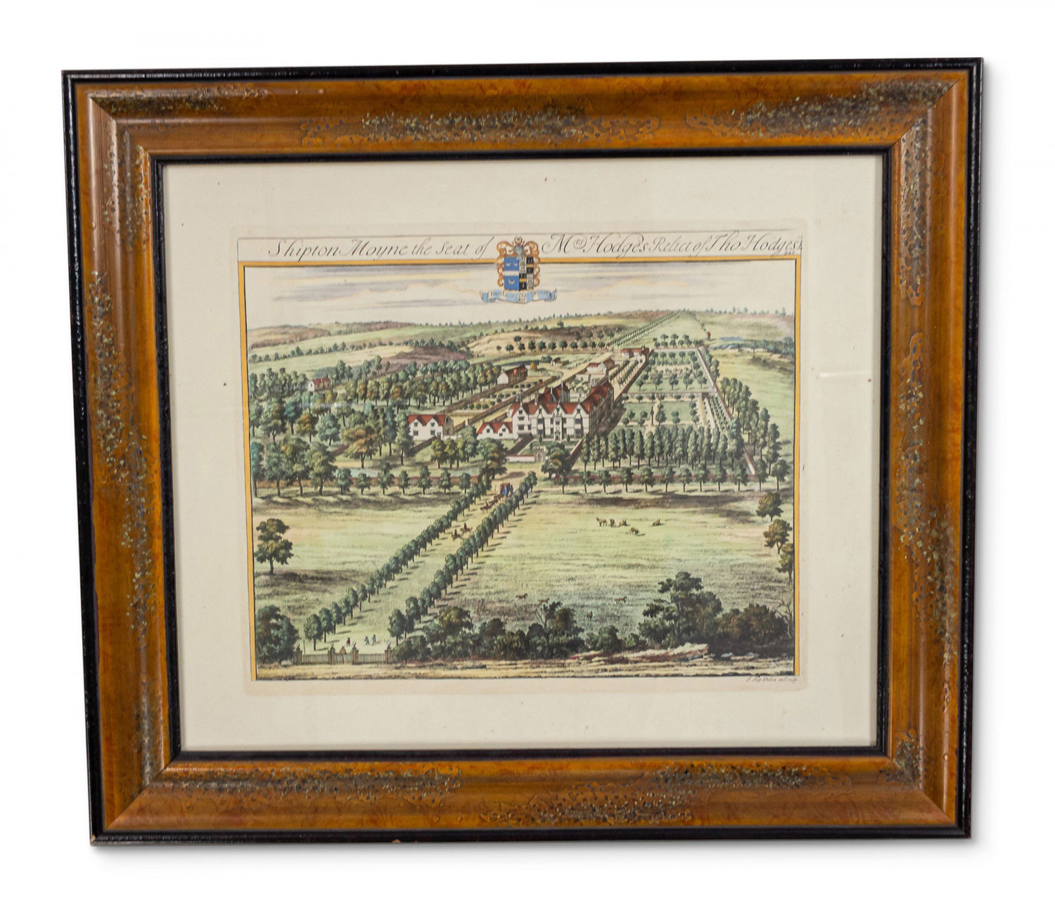 Color drawing of an english estate in a wooden frame