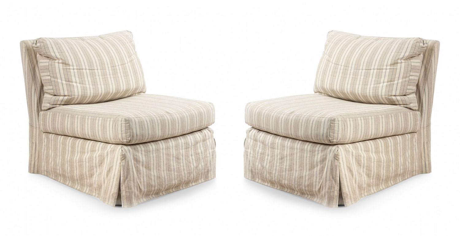Beige striped upholstered slipper chairs