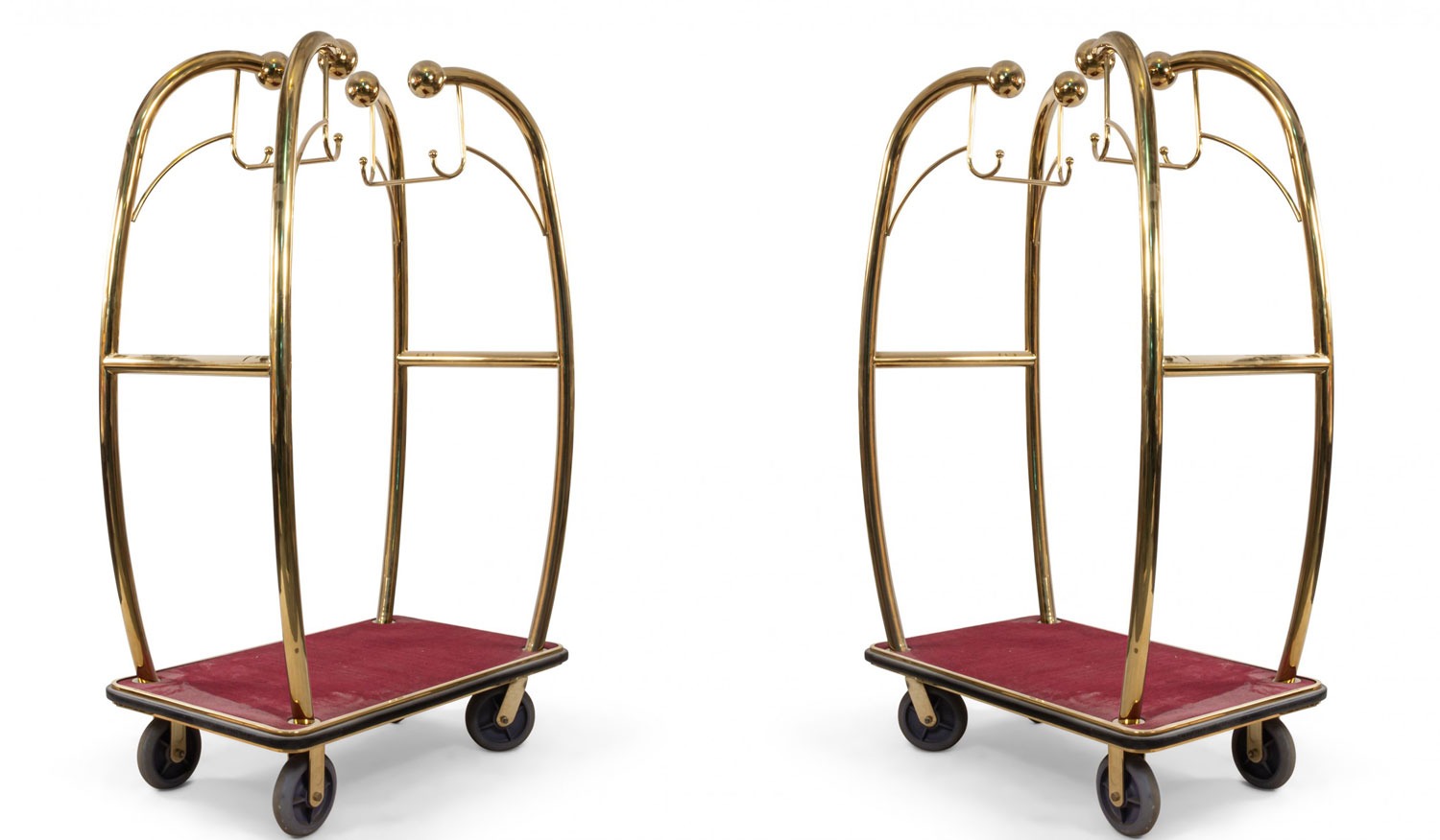 Gilt metal and red carpet hotel luggage carts