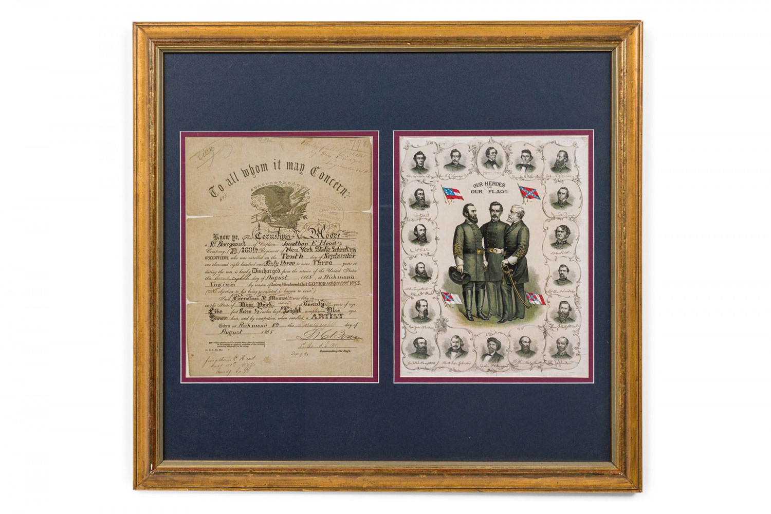 Antique american infantry discharge certificate and soldier portraits