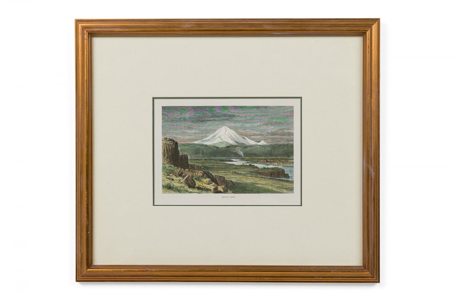 Watercolor of mt hood in white matting and gilt frame