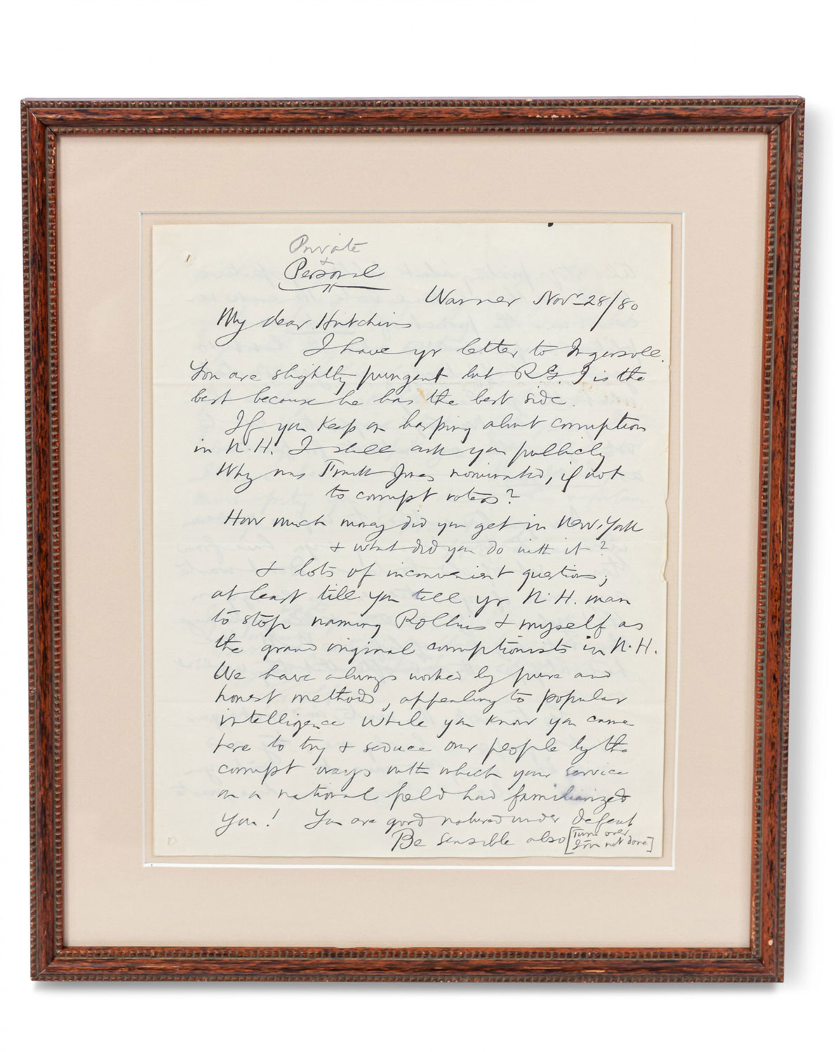American victorian framed letter from 1880
