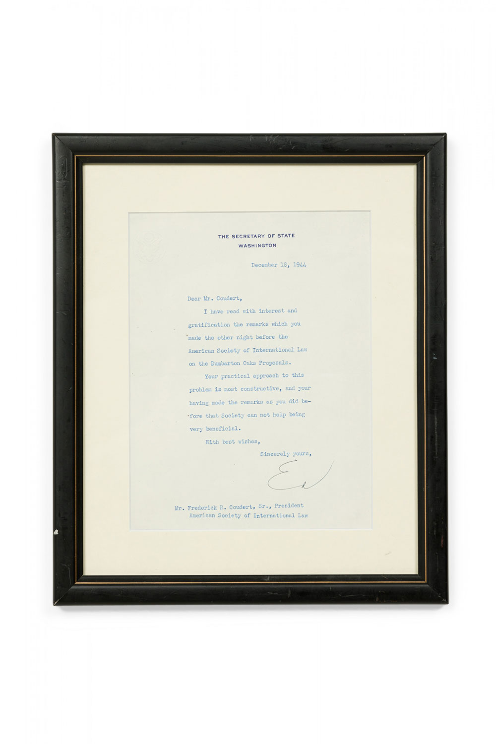 Mid century typed and framed letter