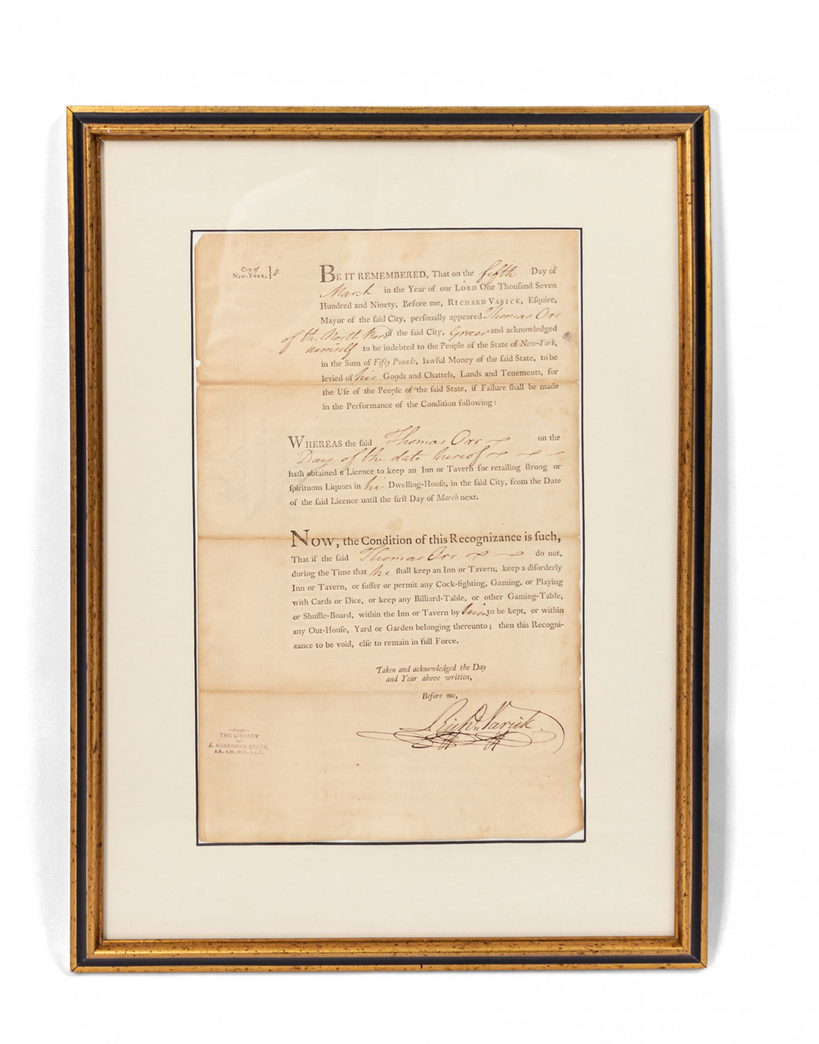 18th century inn license in a gilt frame