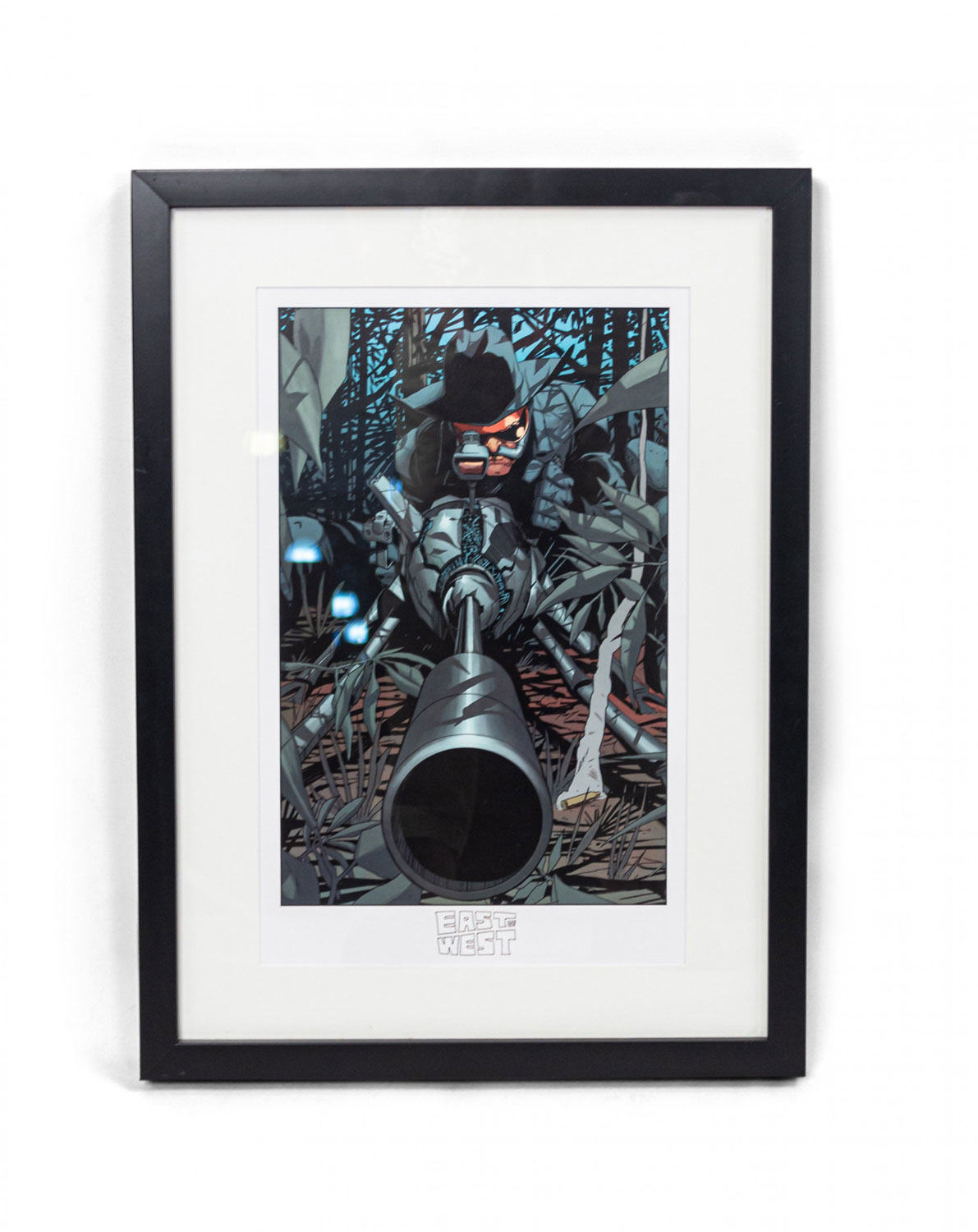 Cartoon drawing of a man with a gun in the jungle