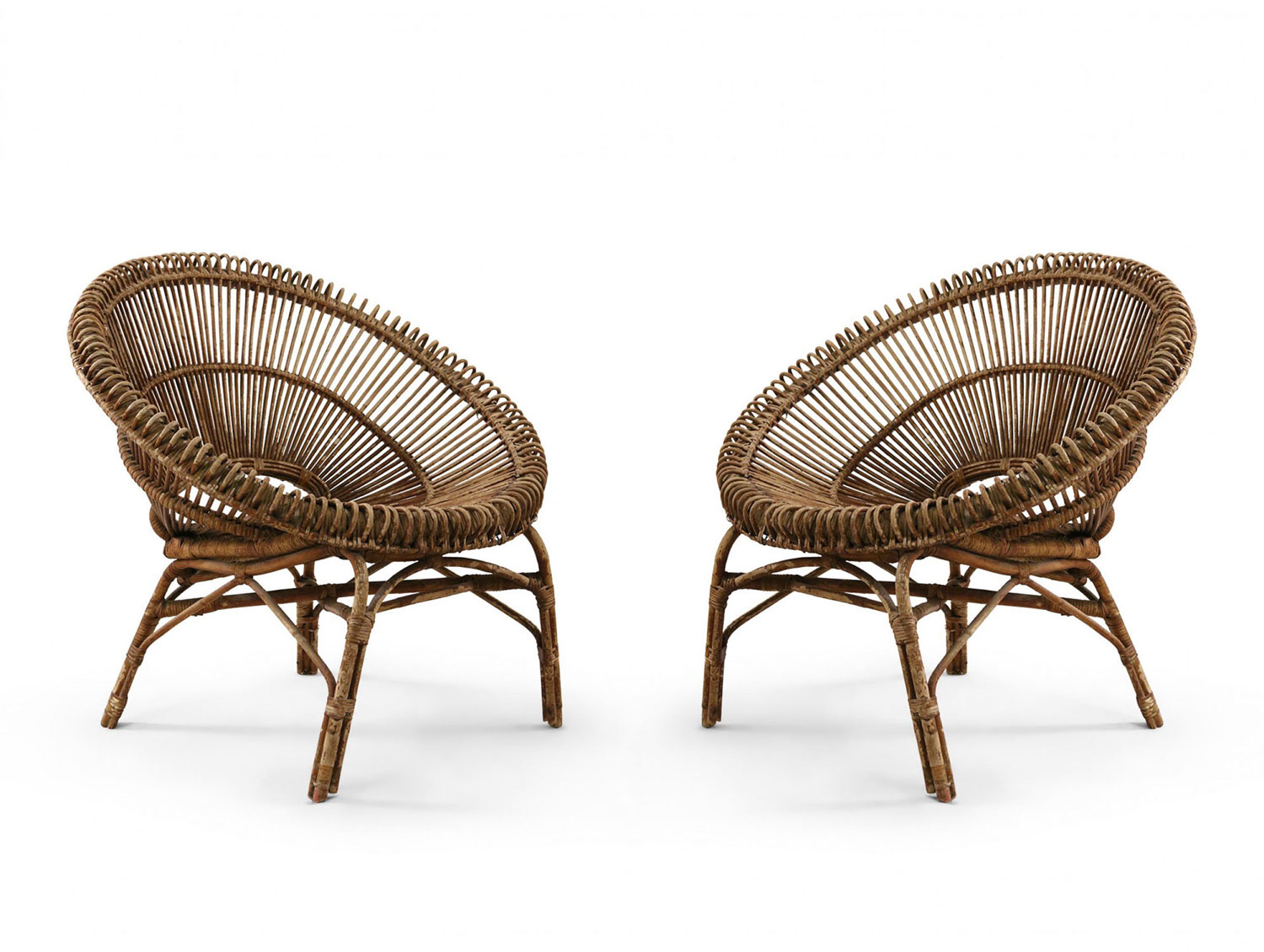2 mid century french round bamboo and rattan chairs