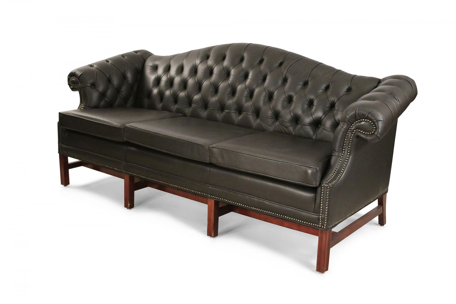 English victorian style camel back black tufted leather sofa