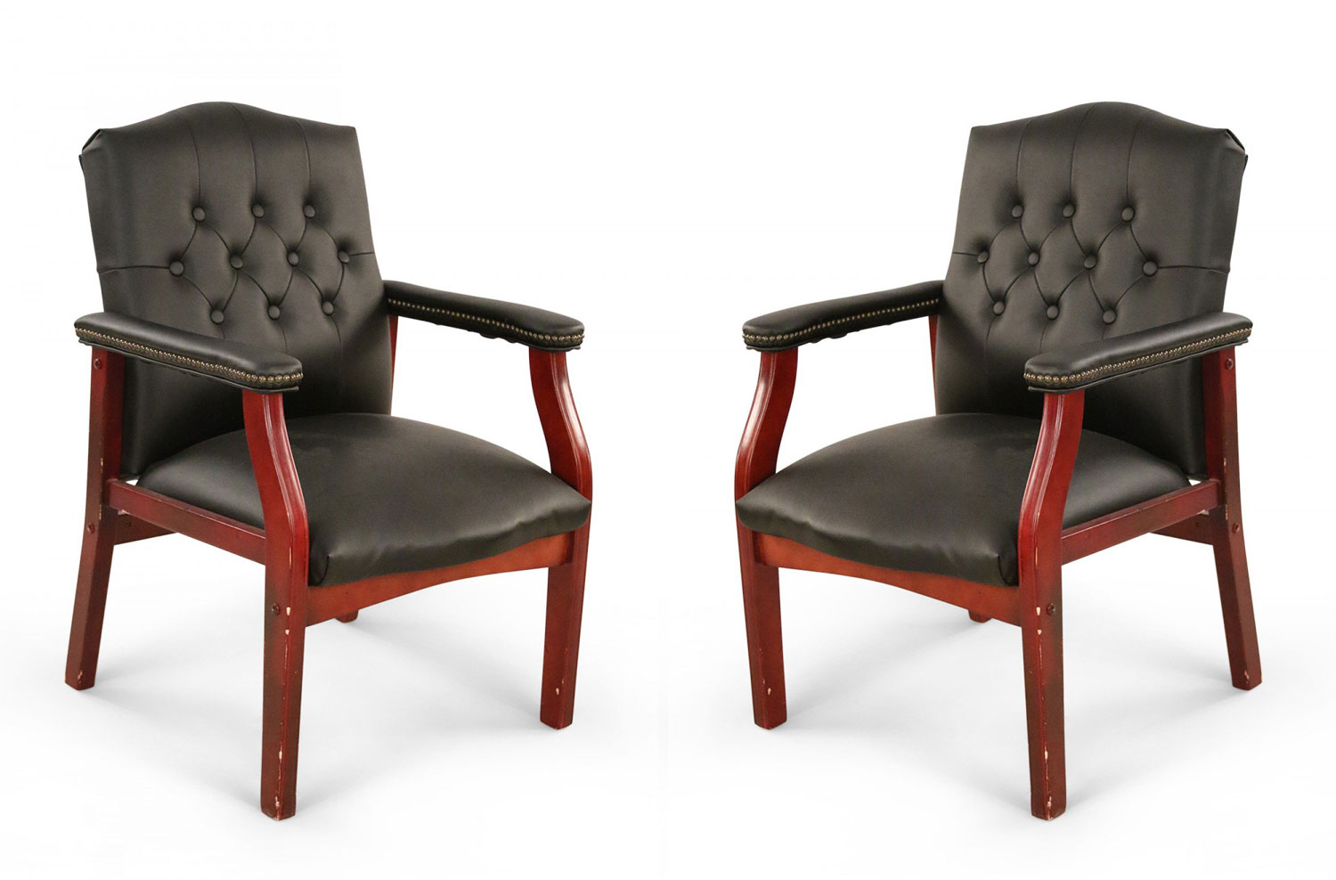 English Georgian style black tufted faux leather conference armchairs