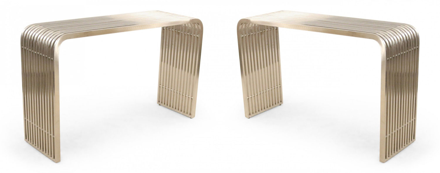 Contemporary silver metal curved metal slat console tables