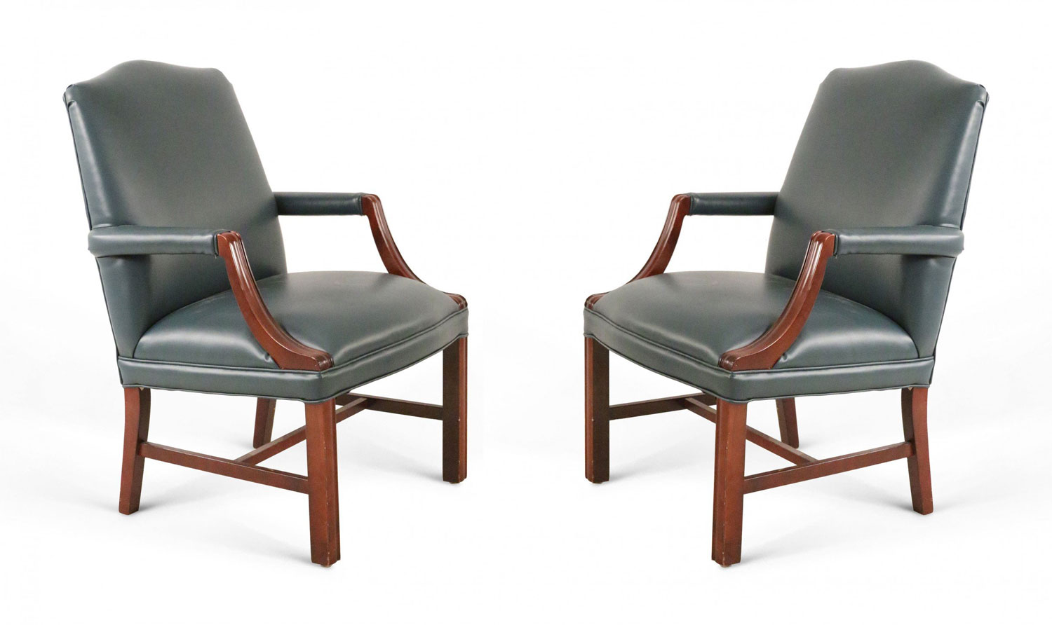 Pair of mid century style blue faux leather and wood office armchairs