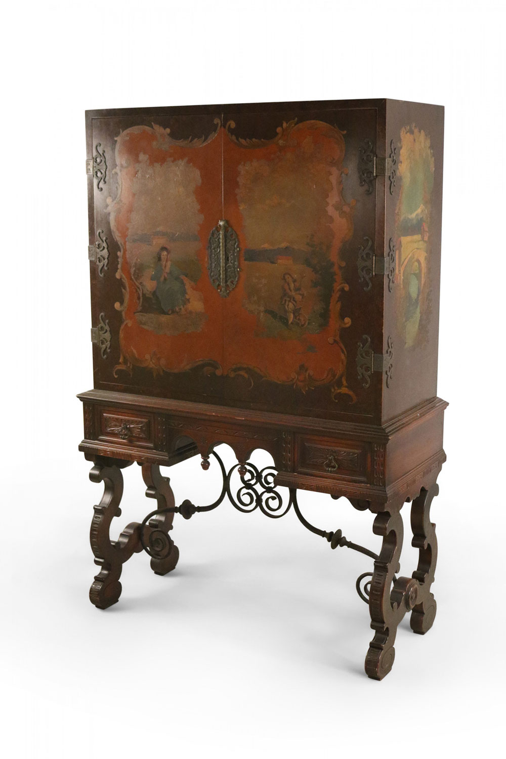 English Renaissance Style Painted Mahogany and Iron Highboy Cabinet