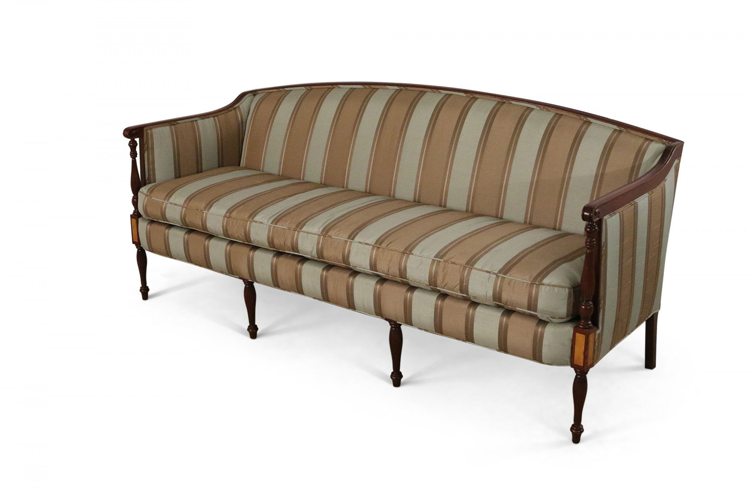 English Sheraton Style Blue and Brown Striped Upholstered Mahogany Sofa