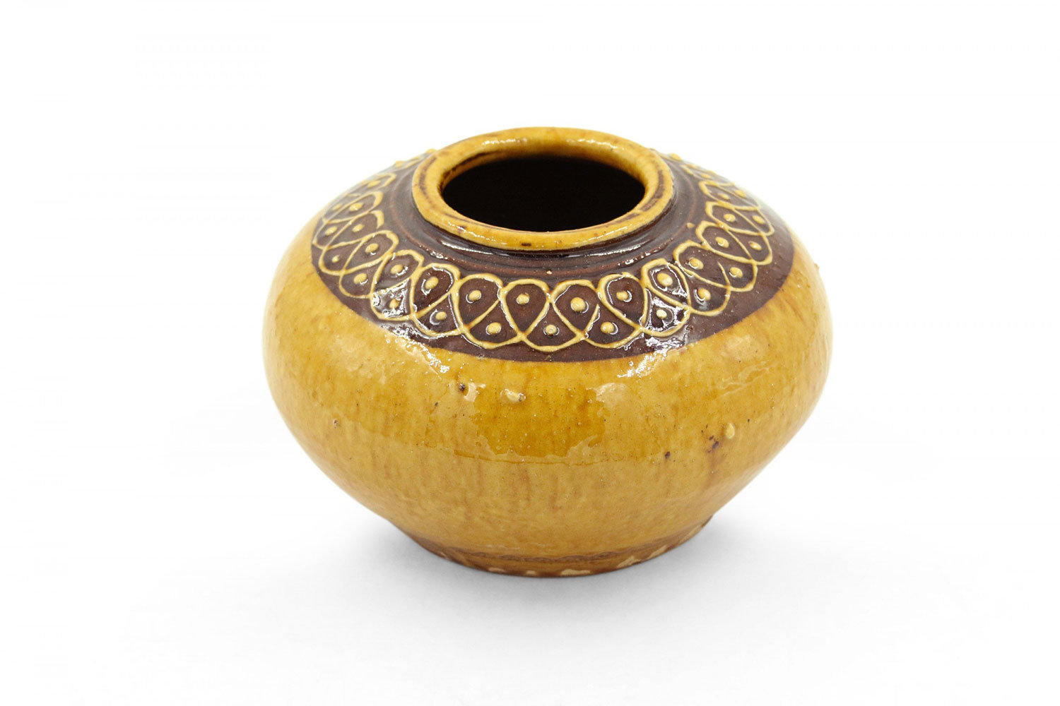 Low Round Yellow and Brown Patterned Rim Ceramic Vase
